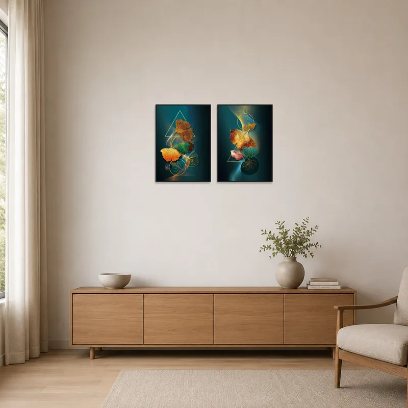 Ginkgo Leaves print set enhancing a simple, clean minimalist space.