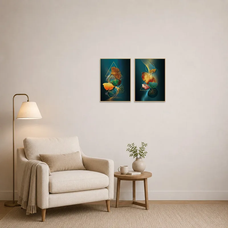 Ginkgo Leaves print set brightens a serene reading corner.