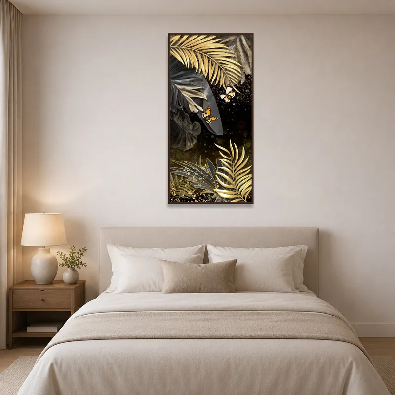 Butterfly jungle art brings a serene, colorful vibe to the bedroom setting.