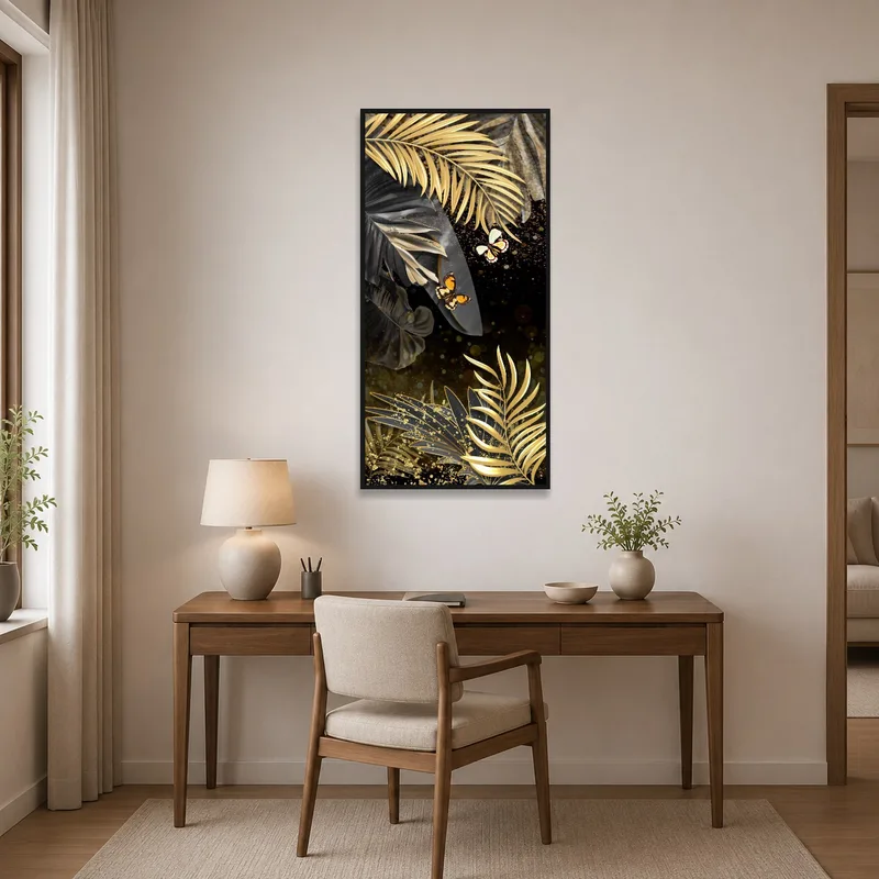 A jungle scene with butterflies energizes the wall in the home office.