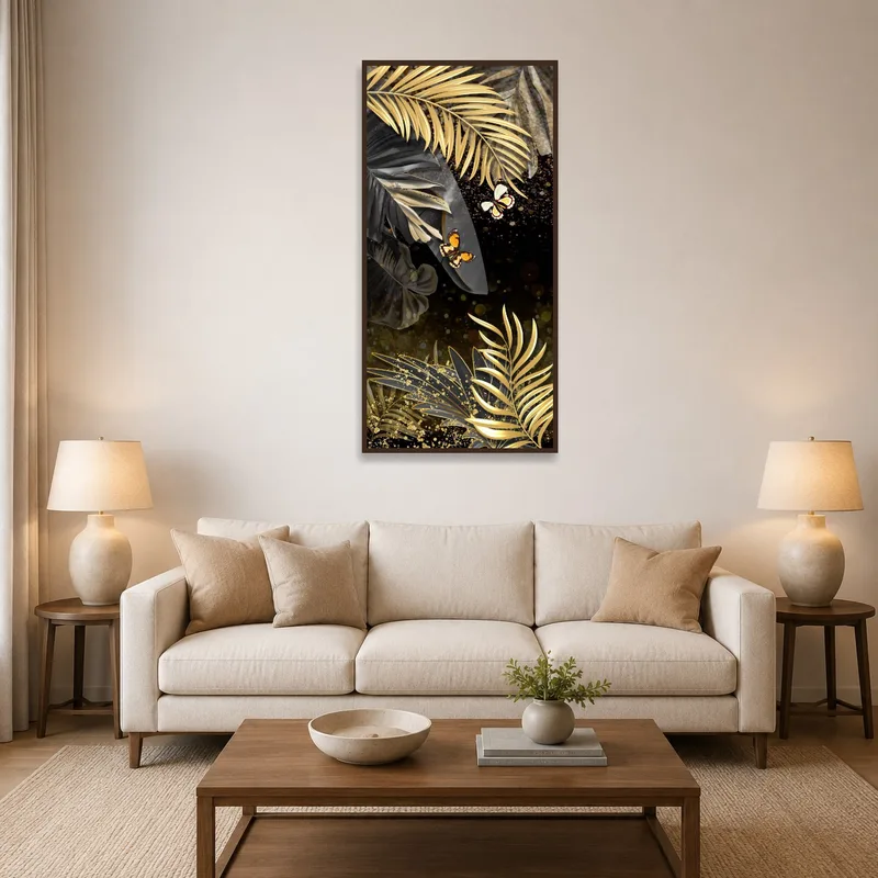 A vibrant canvas of butterflies in a jungle setting brightens the living room wall.