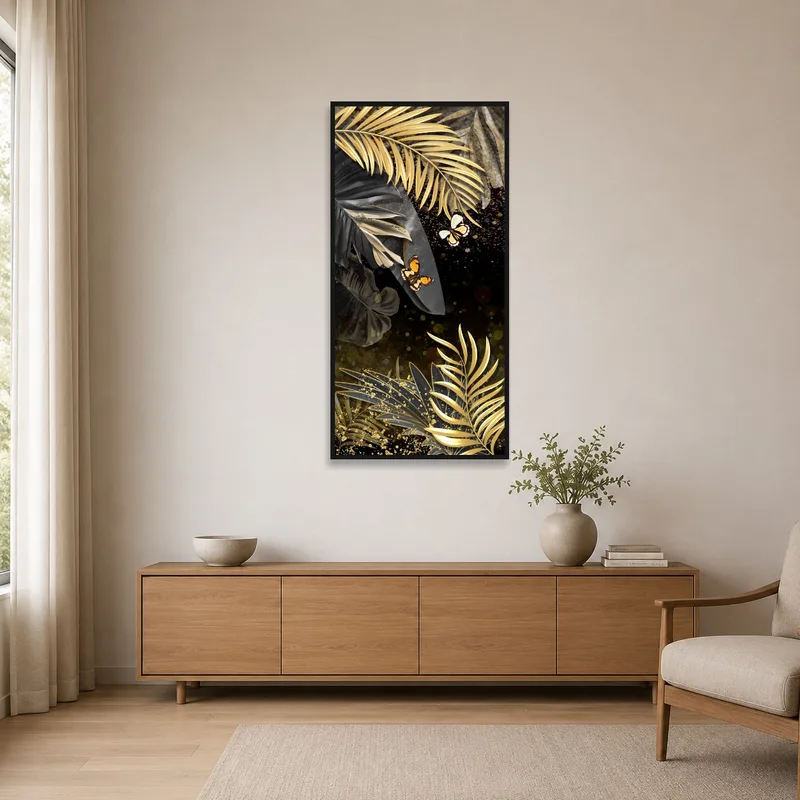The butterfly jungle canvas adds a lively touch to the sleek minimalist space.