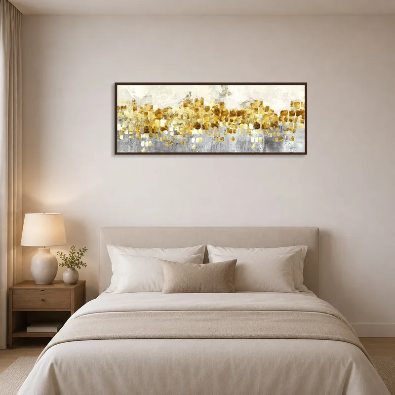 Bedroom wall featuring a striking gold abstract expressionist work.