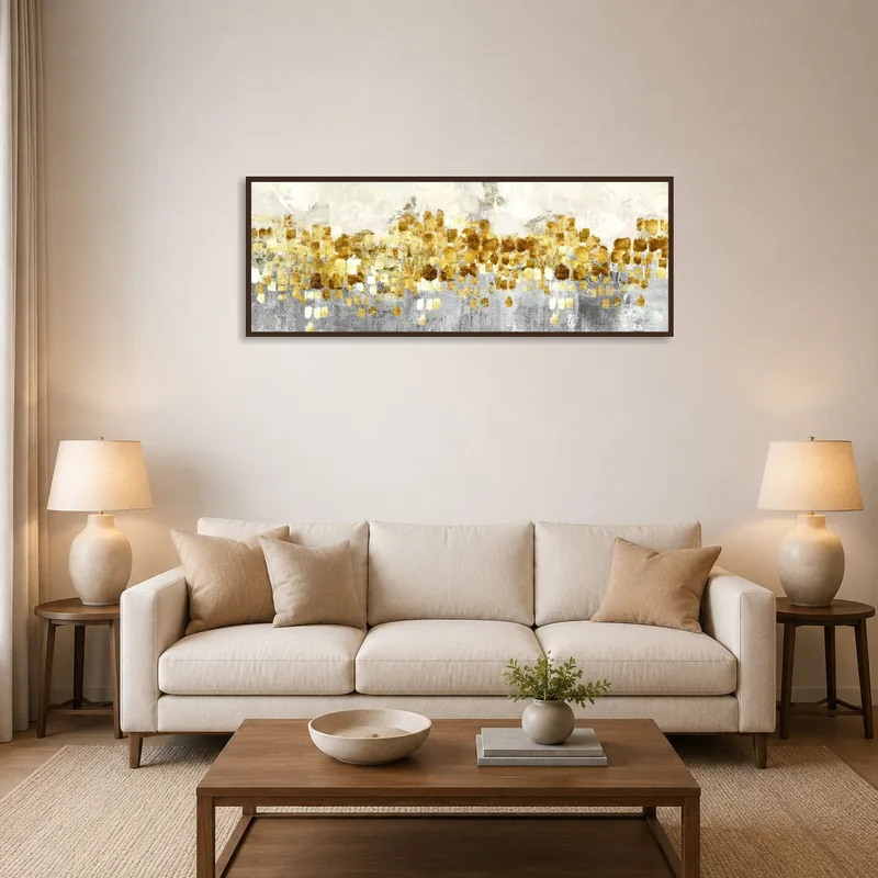 Gold abstract expressionist art in a modern living room setting.