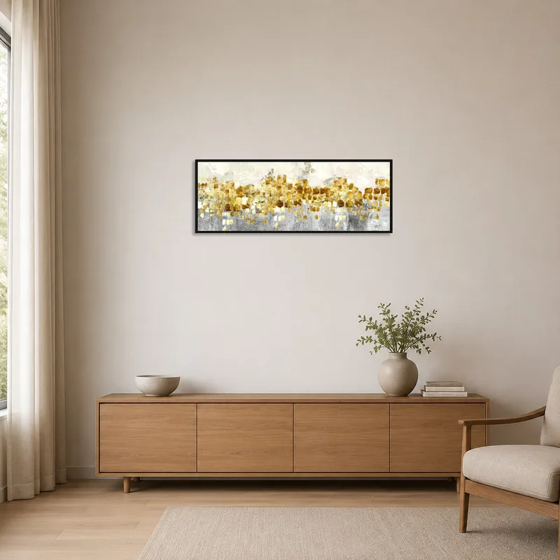Minimalist room highlighting a gold abstract expressionist piece.