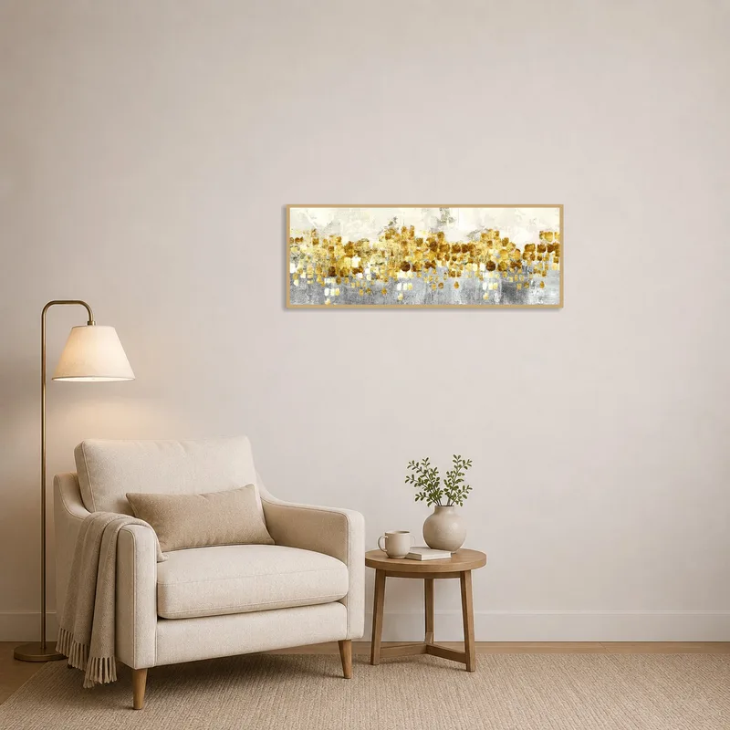 Reading corner adorned with panoramic gold expressionist art.