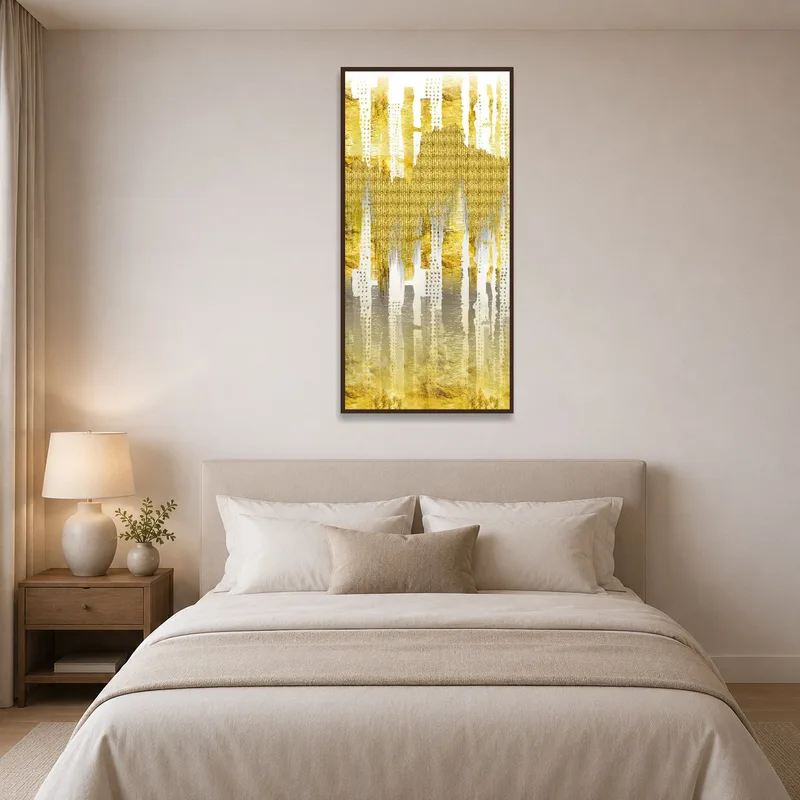 Bedroom featuring elegant gold abstract geometric art.