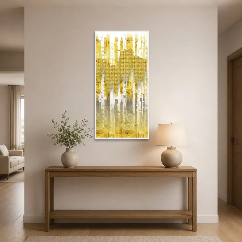 Entrance hall with gold abstract geometric wall art.