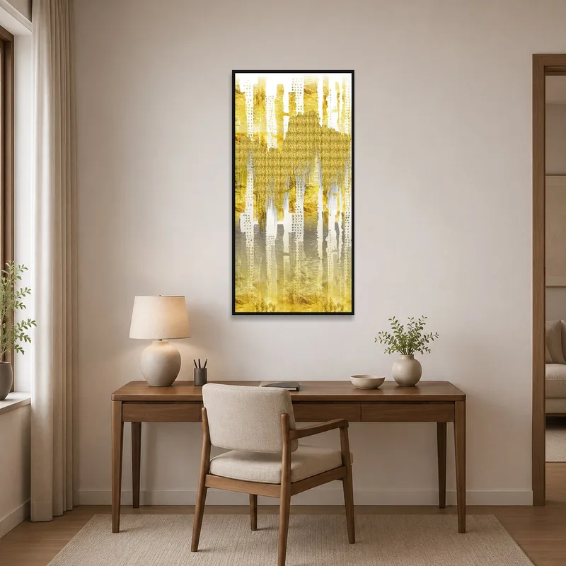 Home office with gold abstract geometric art on the wall.