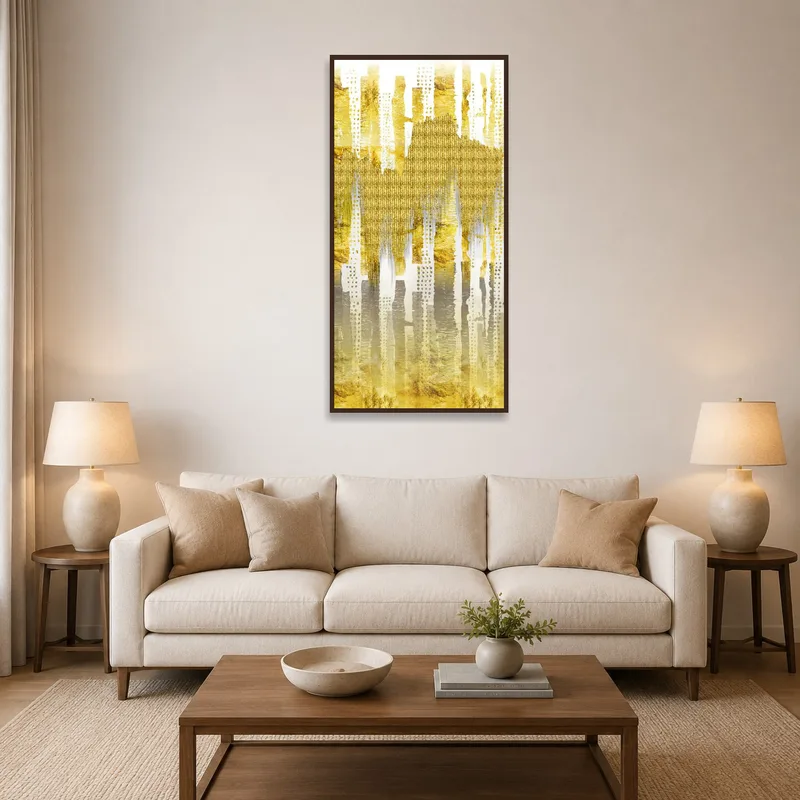 Gold abstract geometric art hanging in a stylish living room.