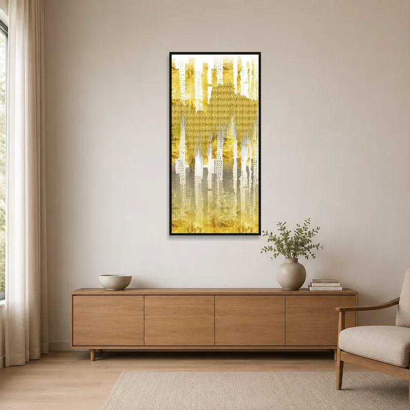Minimalist room enhanced by gold abstract geometric art.