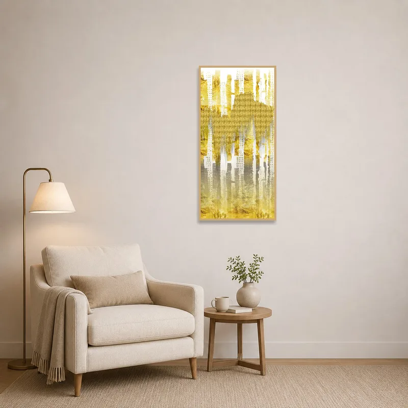 Reading corner adorned with gold abstract geometric piece.