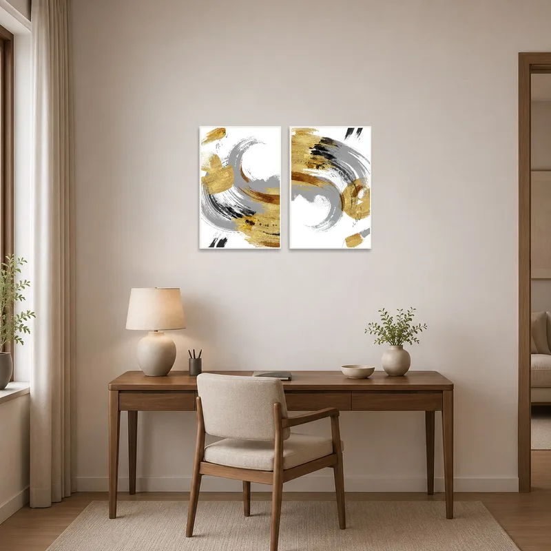 The artwork's gold and gray tones enhance a home office with contemporary decor.