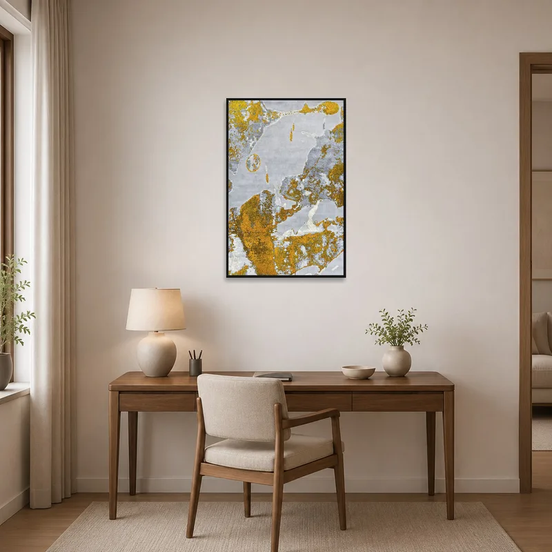 An abstract print infuses sophistication into a modern home office.