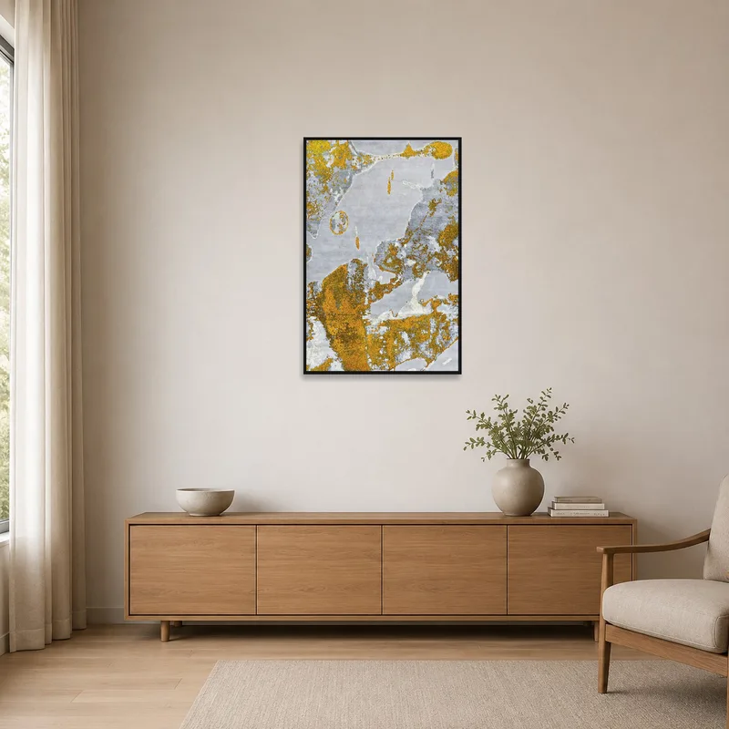 The print brings subtle contrast to a minimalist room with clean lines.