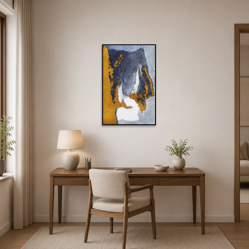 Gold and gray abstract piece inspiring creativity in a modern home office.