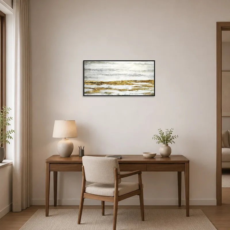 Home office featuring an inspiring gold and gray abstract landscape artwork.