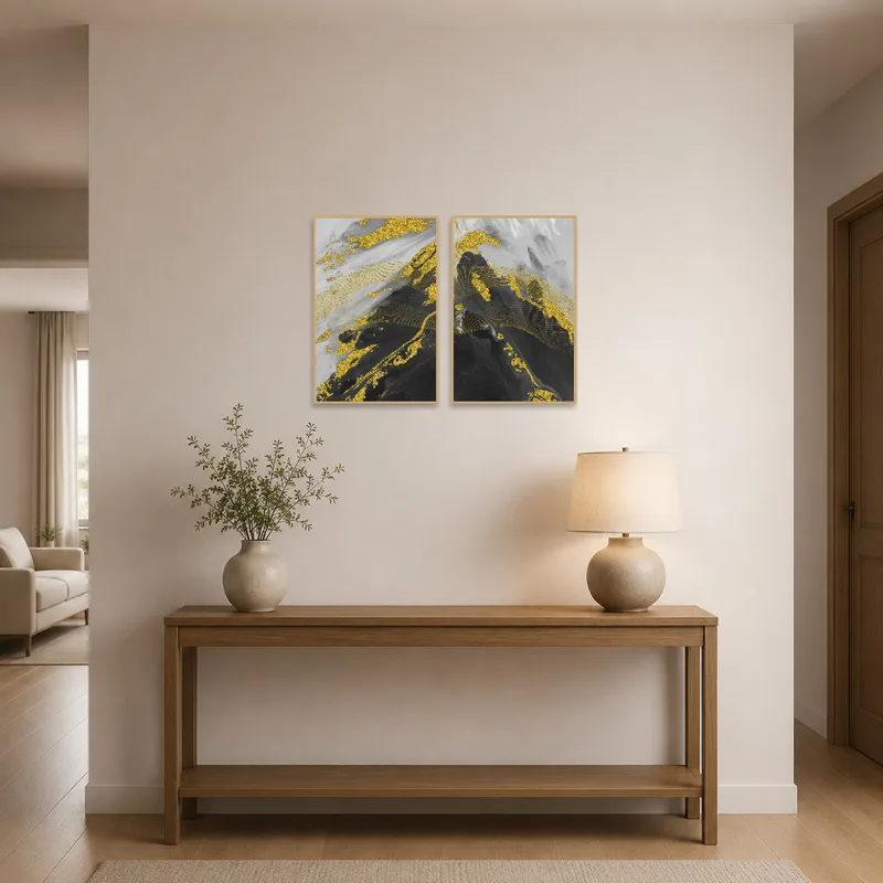Gold and gray marble design greets guests in the entrance hall.