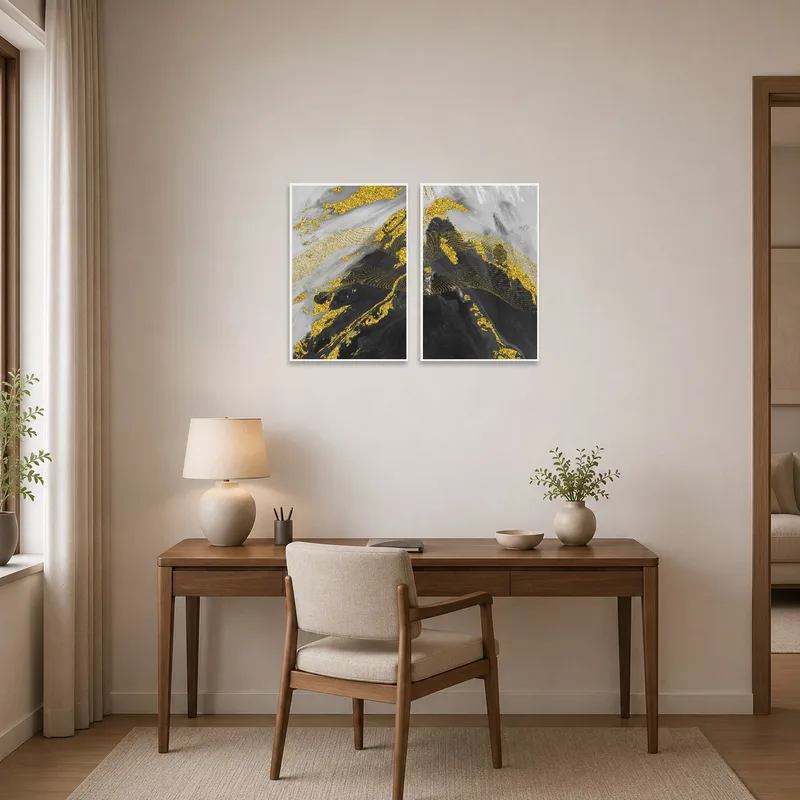 Gold and gray marble art piece beautifies a home office wall.