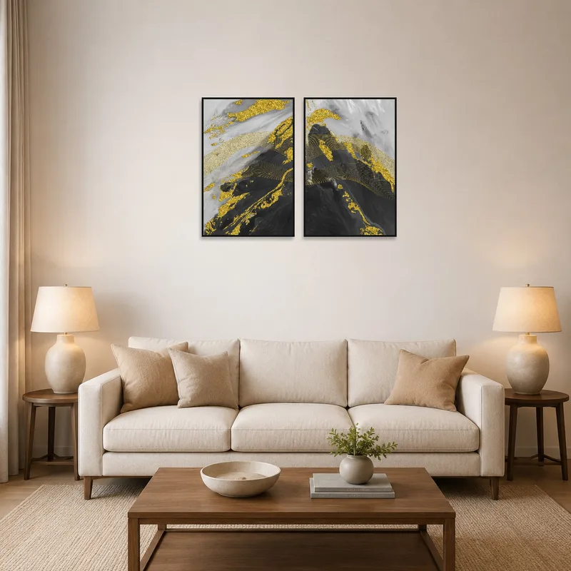 Gold and gray abstract marble art above a modern sofa in the living room.