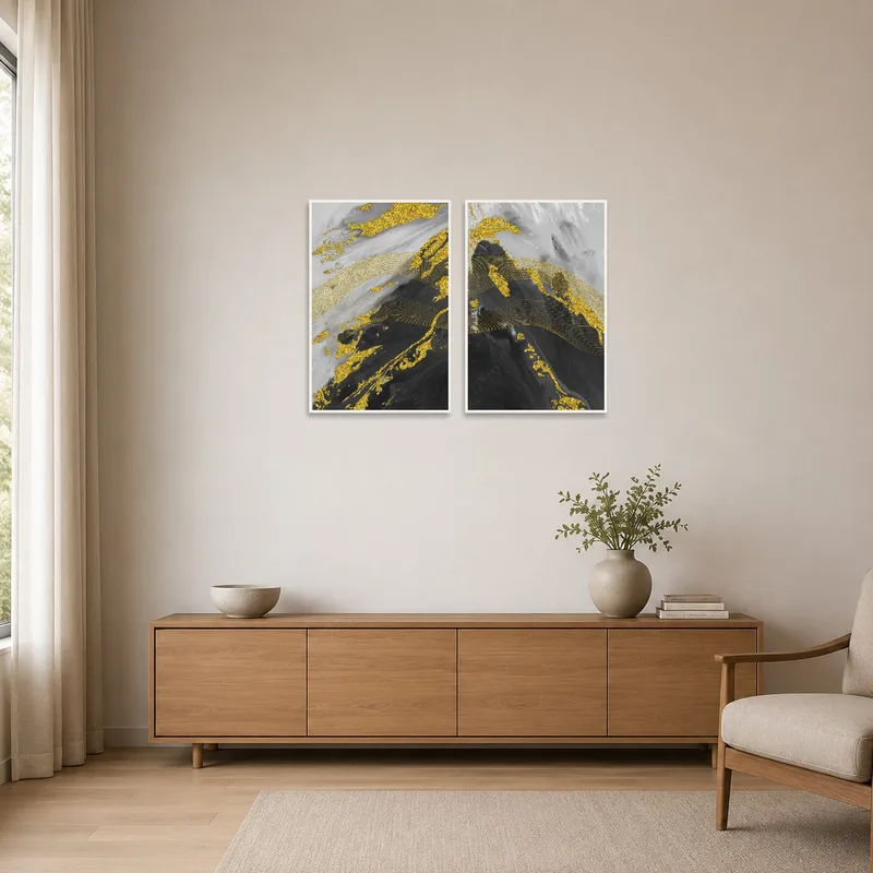 Abstract marble artwork on a plain white wall of a minimalist room.