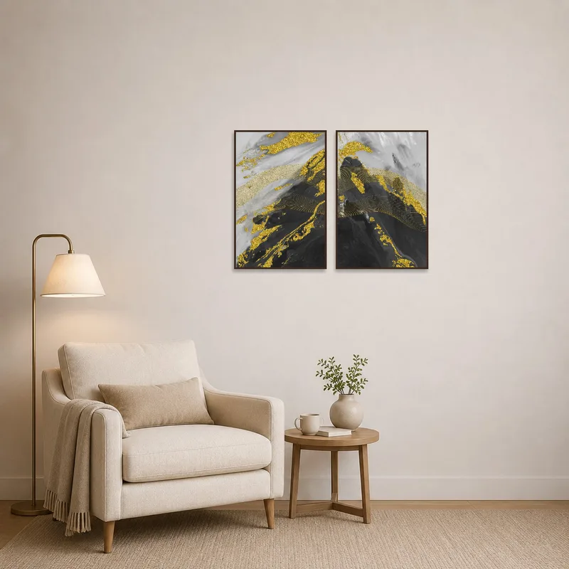 Artistic gold and gray marble piece enhances a cozy reading corner.