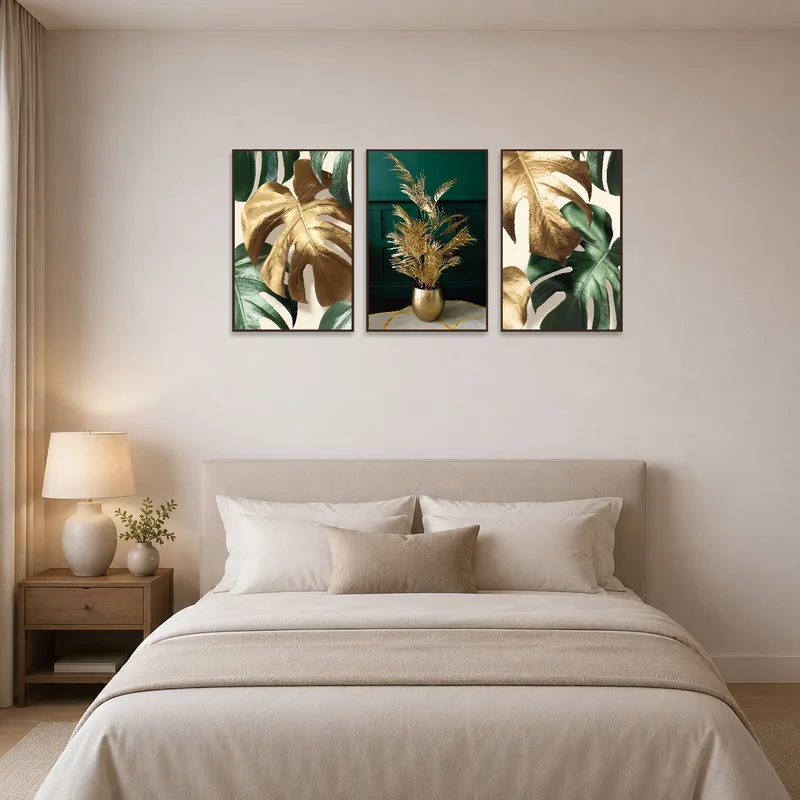 Gold and green leaf triptych creating a serene vibe in the bedroom.