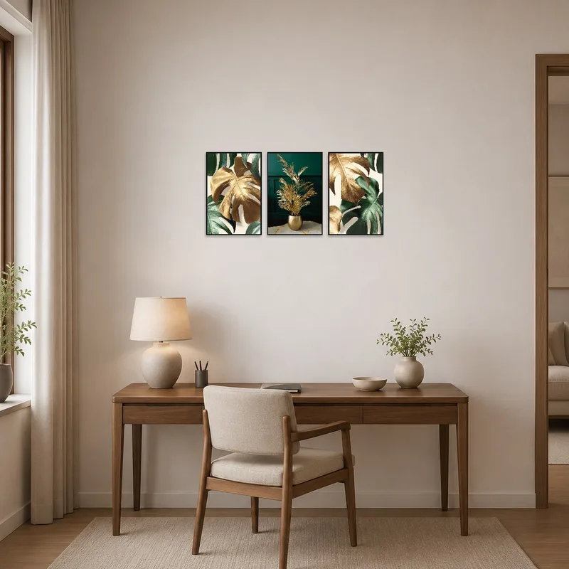 Home office decorated with a triptych of gold and green leaf art.