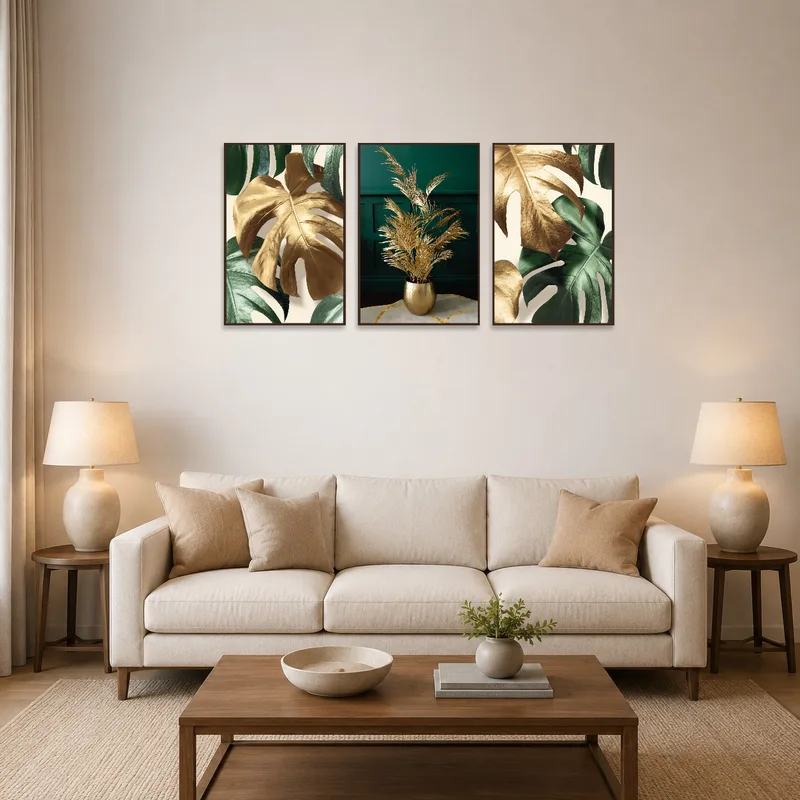 Triptych of gold and green leaf art set against a living room wall.