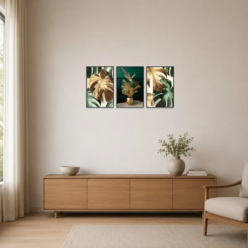 Minimalist setting with gold and green leaf triptych on a plain wall.
