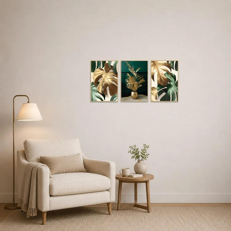 Reading corner featuring a gold and green leaf botanical triptych.