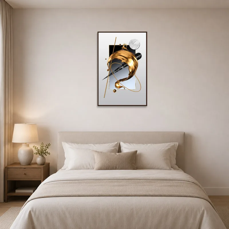 Vertical art with gold and marble elements bringing sophistication to a bedroom.