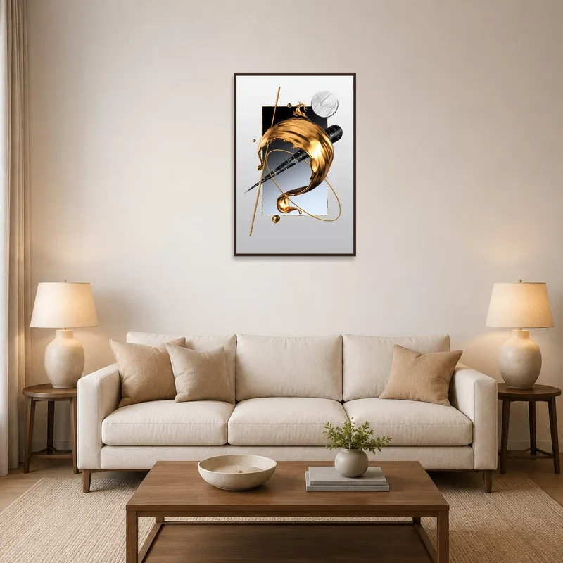 Gold and marble abstract art piece above a modern sofa in a chic living room.