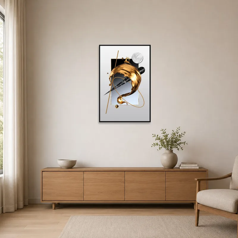 Gold and marble abstract art enhancing a minimalist interior with clean lines.