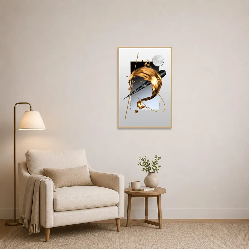 Gold and marble abstract piece adding elegance to a cozy reading corner.