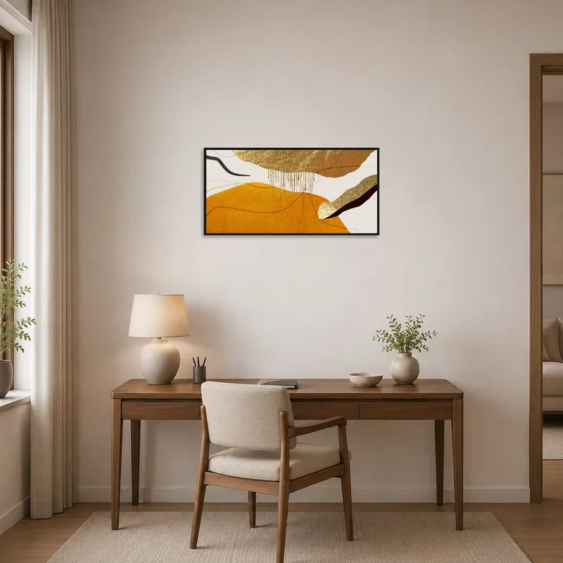 Elegant gold abstract placed in a sleek home office.