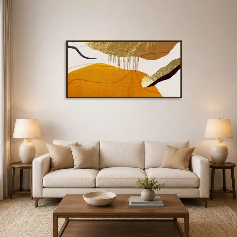 Gold and ochre abstract art in a living room with modern furniture.