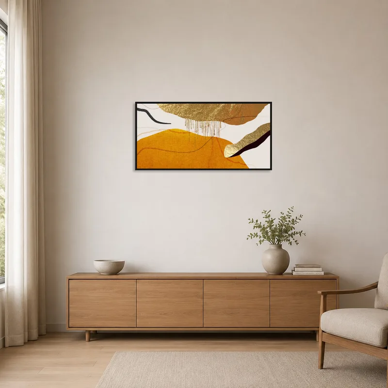 Abstract composition in gold tones on a minimalist white wall.