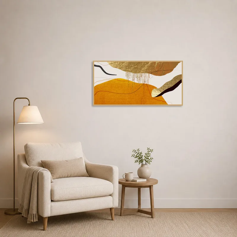 Ocres and gold tones art piece in a cozy reading corner.