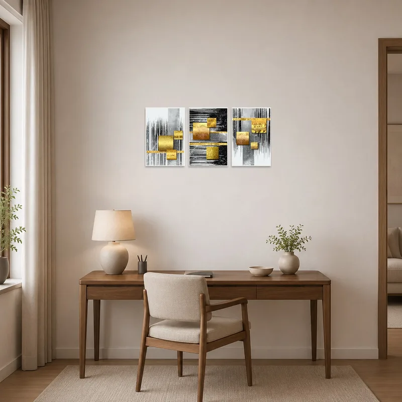 Gold and silver geometric art energizes the workspace.