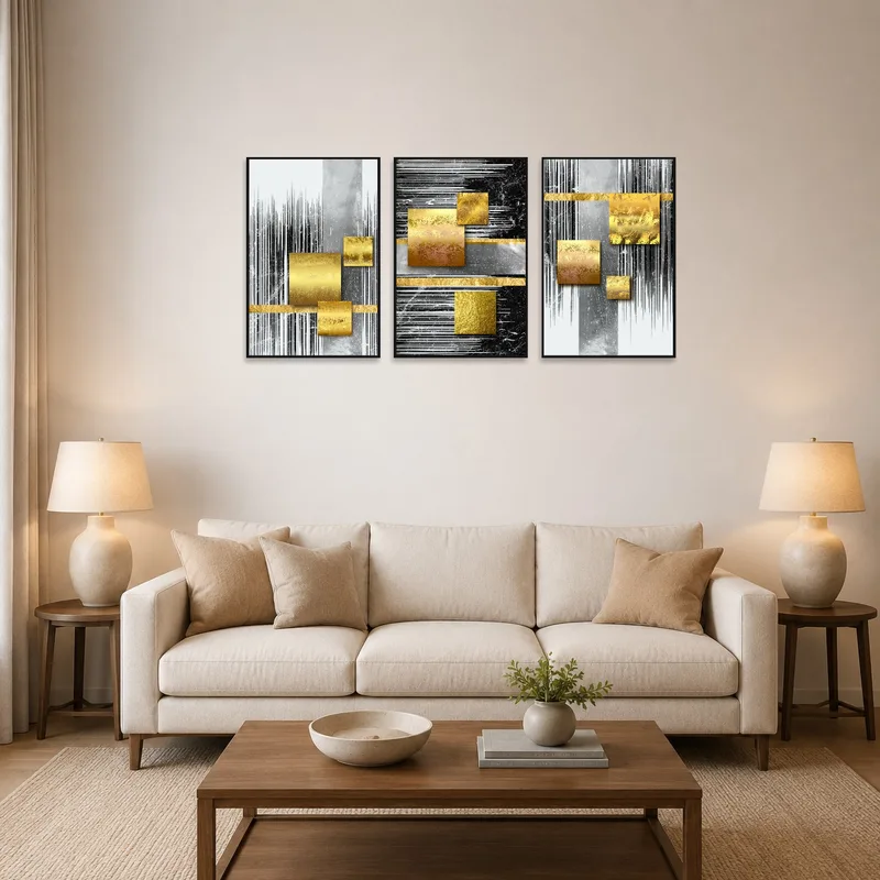 A gold and silver abstract geometric triptych above a modern sofa.