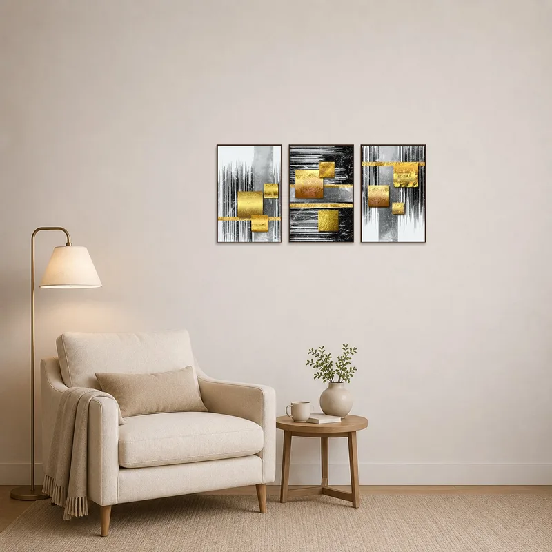 Tri-panel geometric artwork enhances the reading corner's sophistication.