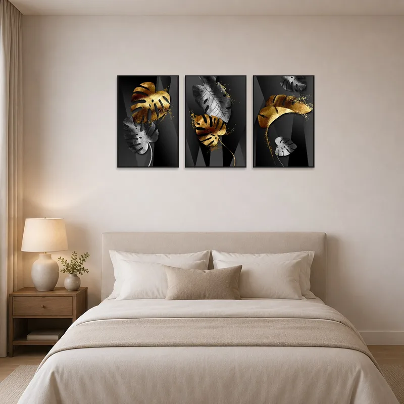 Triptych brings luxury to a serene bedroom setting.