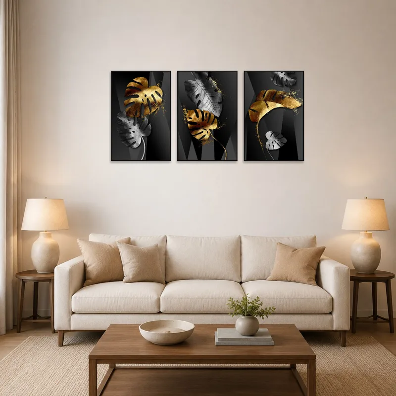 Gold and silver botanical triptych above a modern living room sofa.