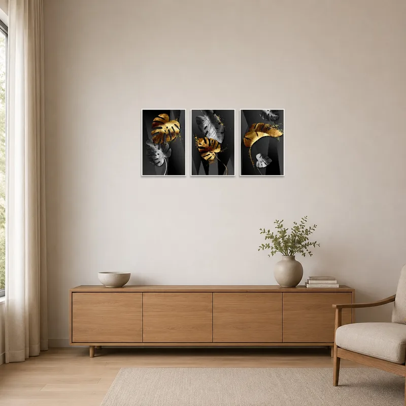 Simple room with botanical artwork adding an elegant touch.