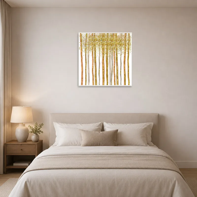 Elegant art print complementing the serene bedroom atmosphere.