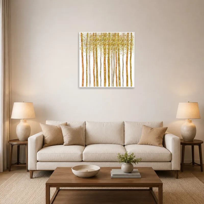 Gold and silver abstract art print on living room wall above a modern sofa.