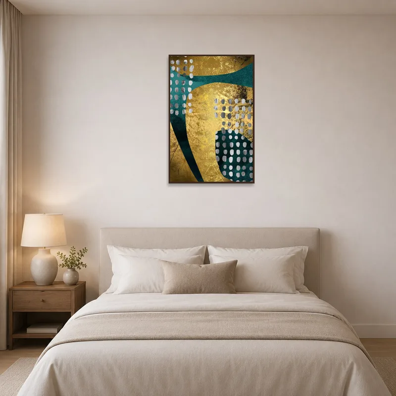 Serene bedroom scene featuring gold and teal abstract dot art.