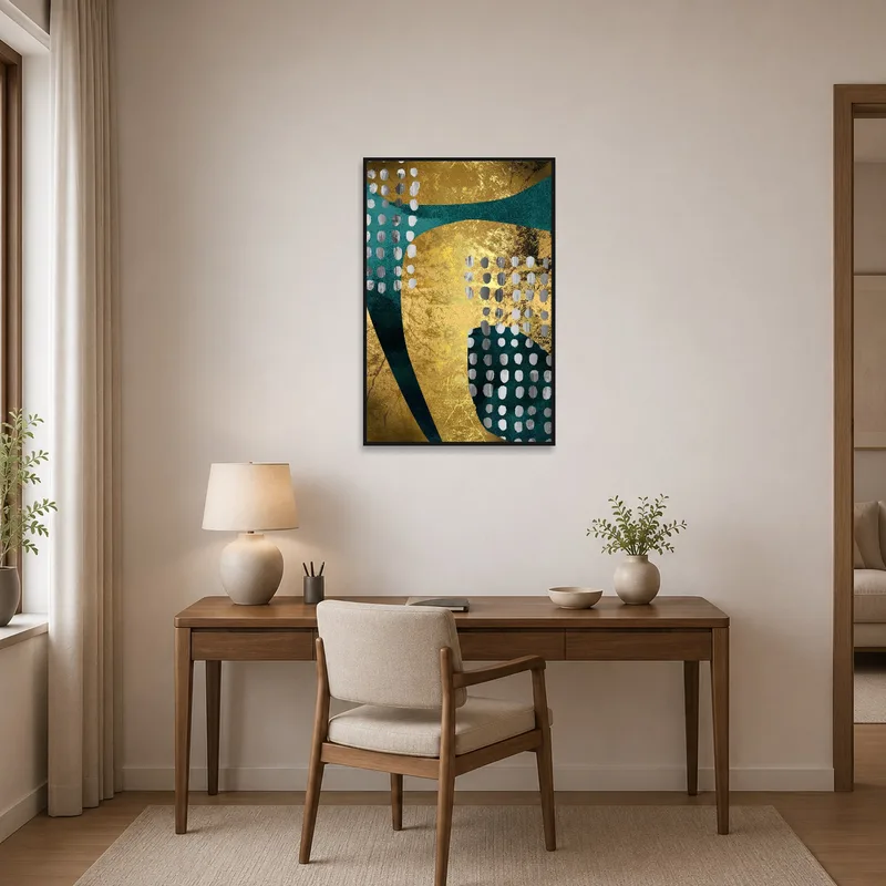 Home office scene enhanced by abstract art with gold and teal dots.