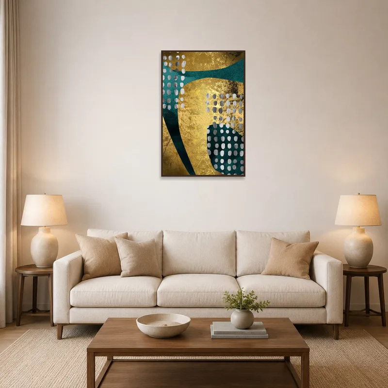 Gold and teal abstract dot art above a modern sofa in the living room.